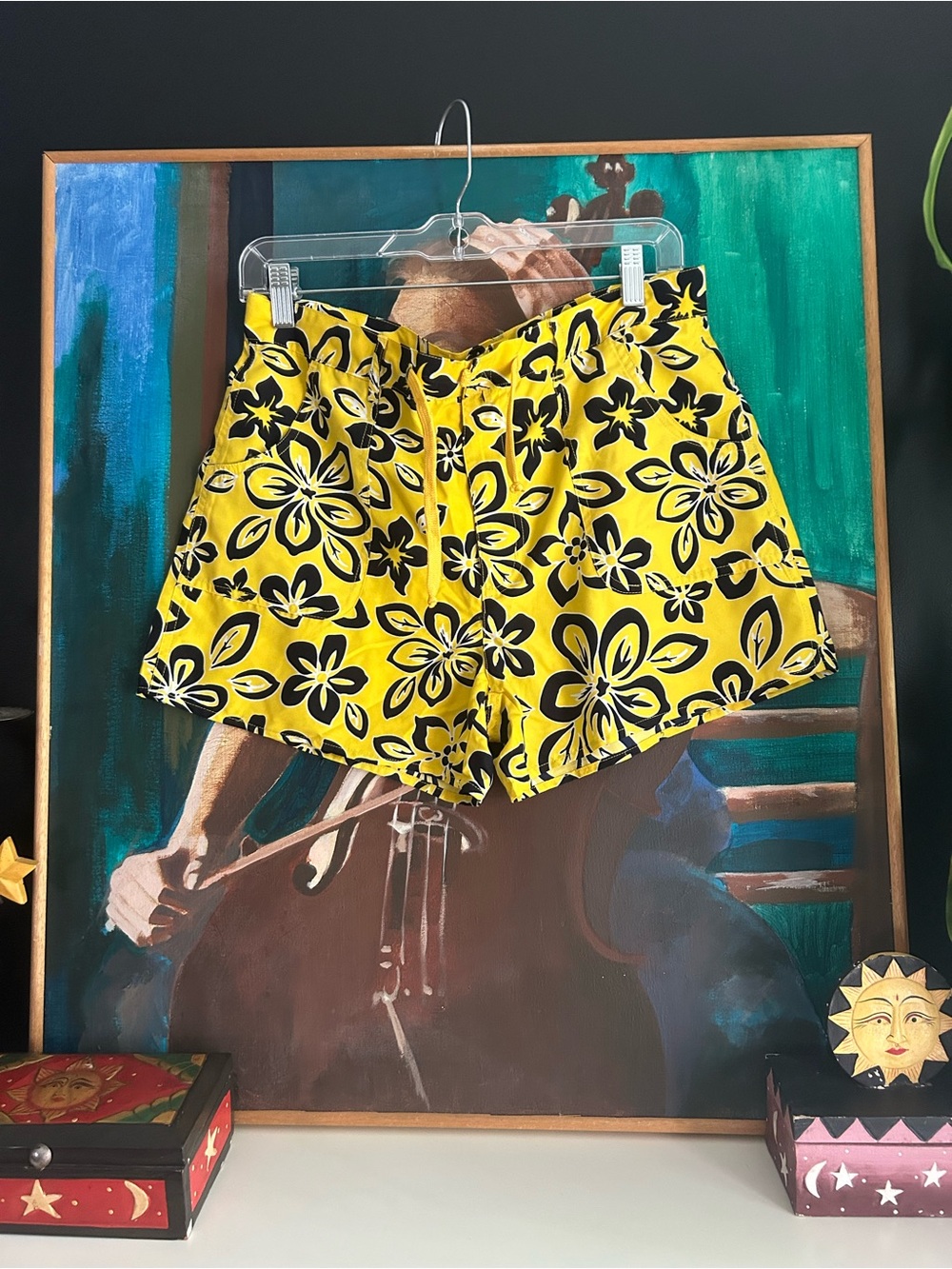 WWomen's Yellow Floral Bermuda Shorts with Black Print - Picture 4 of 12